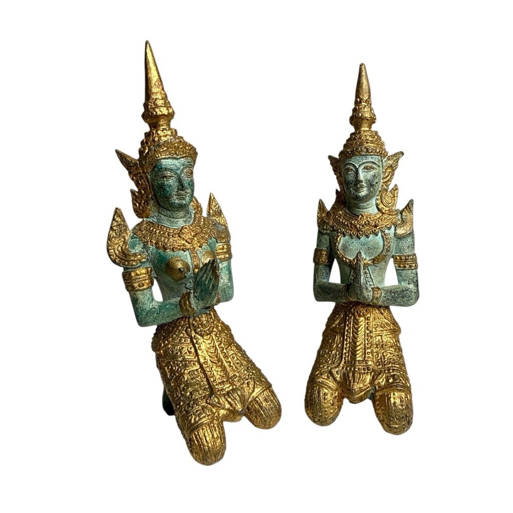 Pair Vintage Thai Theppanom Kneeling Guardian Angel Figurines Gilt Bronze Patina